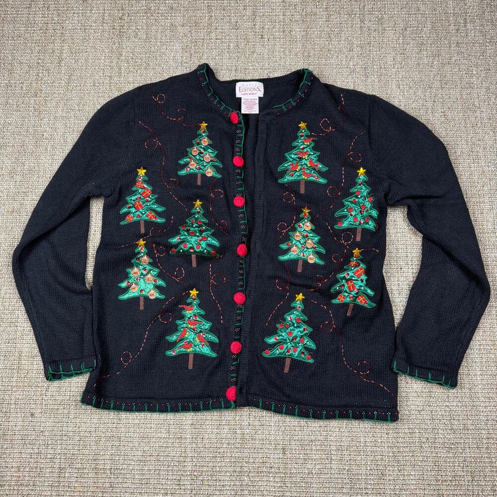 🎄 Basic Editions Holiday Christmas Cardigan | Size L | Black Embroidered Trees